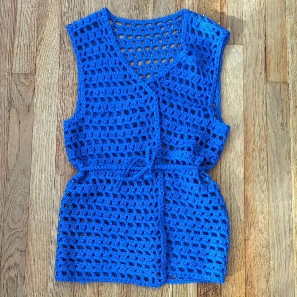 Vintage Blue Handmade knitted knit vest with belted waist